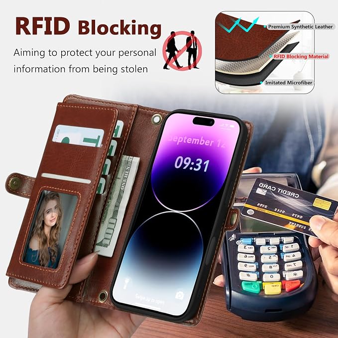 Wallet Case for iPhone 14 Pro with Card Holder/Crossbody Wallet/Strap| RFID Blocking | Magnetic | Kickstand | Detachable | PU Leather Phone Case for iPhone 14 Pro,6.1 in,Brown