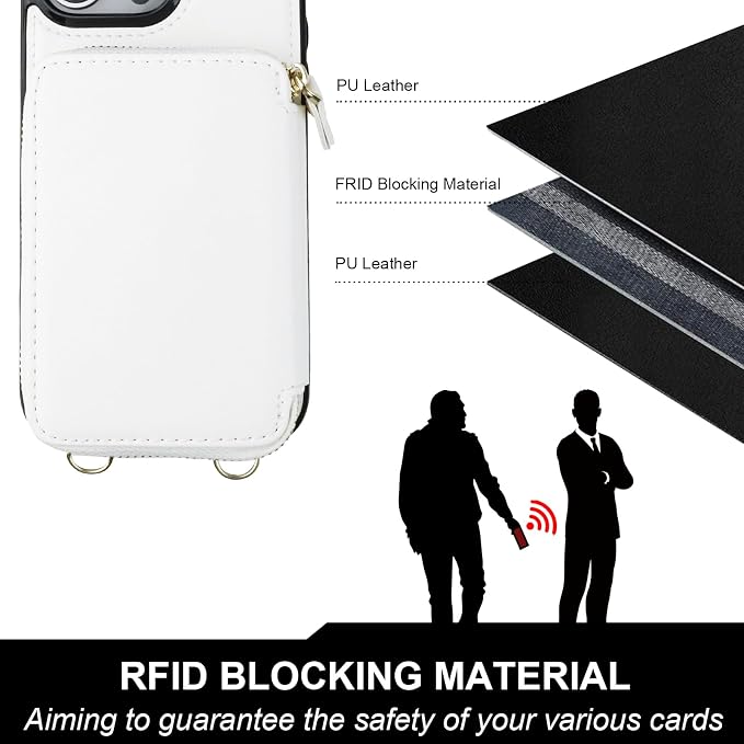 Bocasal for MagSafe Crossbody Wallet Case Compatible with iPhone 16 Pro, RFID Blocking Protective Purse Case with Card Slots Holder Kickstand Wrist Strap Lanyard Zipper 6.3 Inch 5G (White)