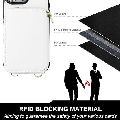 Bocasal for MagSafe Crossbody Wallet Case Compatible with iPhone 16 Pro, RFID Blocking Protective Purse Case with Card Slots Holder Kickstand Wrist Strap Lanyard Zipper 6.3 Inch 5G (White)