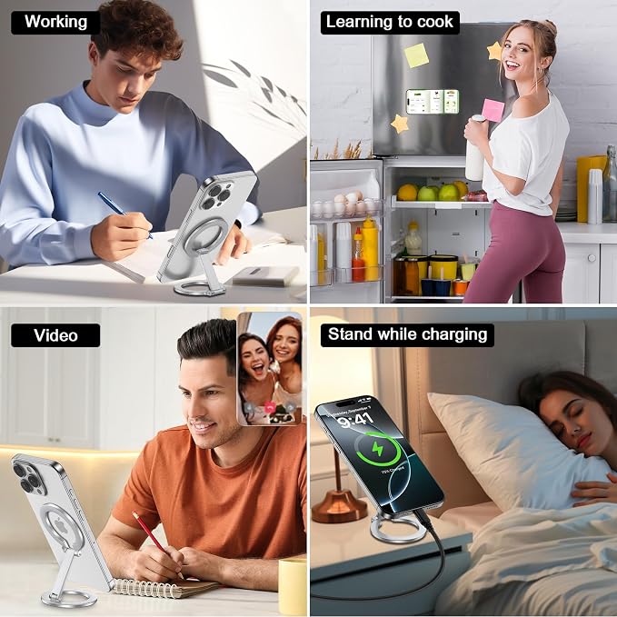 Double Magnetic Phone Grip Holder for MagSafe, Portable Phone Stand for Gym Removable Magnetic Ring Kickstand for iPhone 17 16e 16 15 14 13 12 Pro Max Series MagSafe Case, Attach to Any Iron Surface