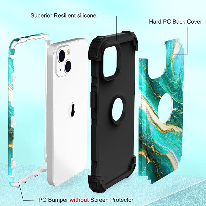 Hocase for iPhone 14 Case/iPhone 13 Case, Heavy Duty Shockproof Protection Soft Silicone Rubber+Hard Plastic Bumpers Hybrid Protective Case for iPhone 13/14 (6.1") - Emerald Green