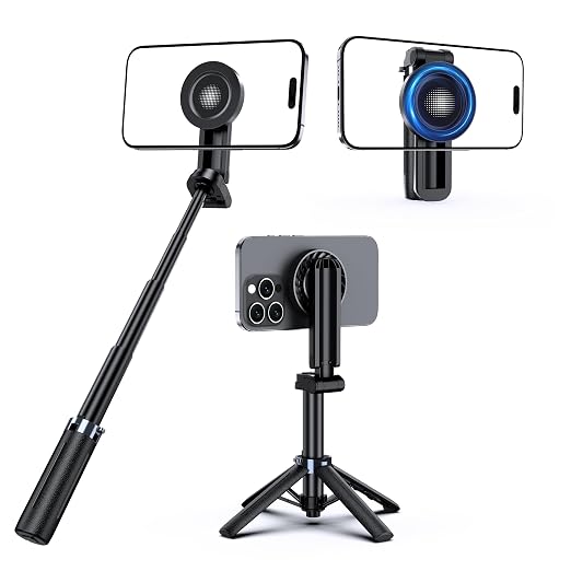 UBeesize Magnetic Mini Selfie Stick Tripod with Rechargeable Remote, Pocket Tripod for iPhone/Android, Compact Travel Stand for TikTok, YouTube, Live Streaming, Vlogging, Adjustable Holder