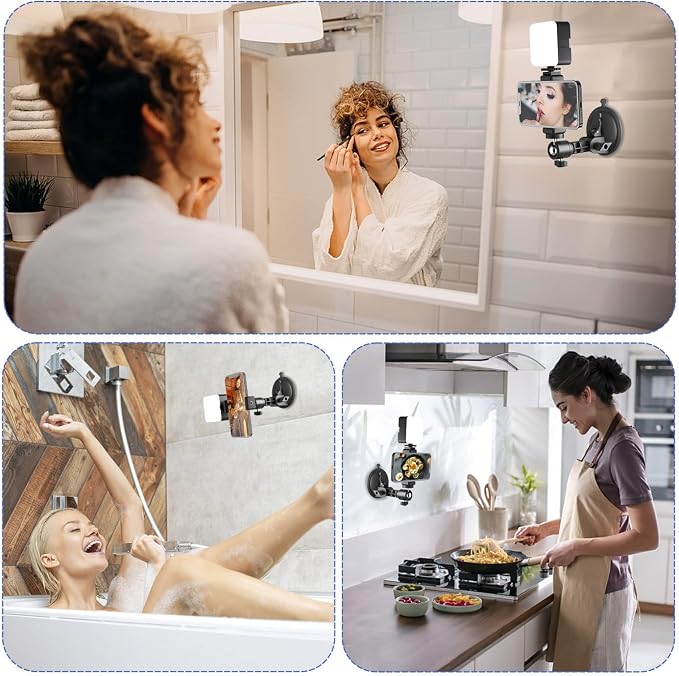 Suction Cup Mirror Phone Holder with Light, Travel Wall Phone Camera Mount for Makeup Content Creator Essentials, Mirror Tripod for Bathroom Kitchen Compatile with All Smooth Surface