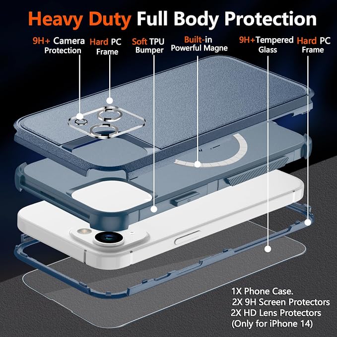Diverbox Compatible iPhone 14 Phone Case,for iPhone 14 Magnetic Case [with Screen Protector & Camera Lens Protector ] Heavy Duty Phone Case for iPhone 14 (Blue)