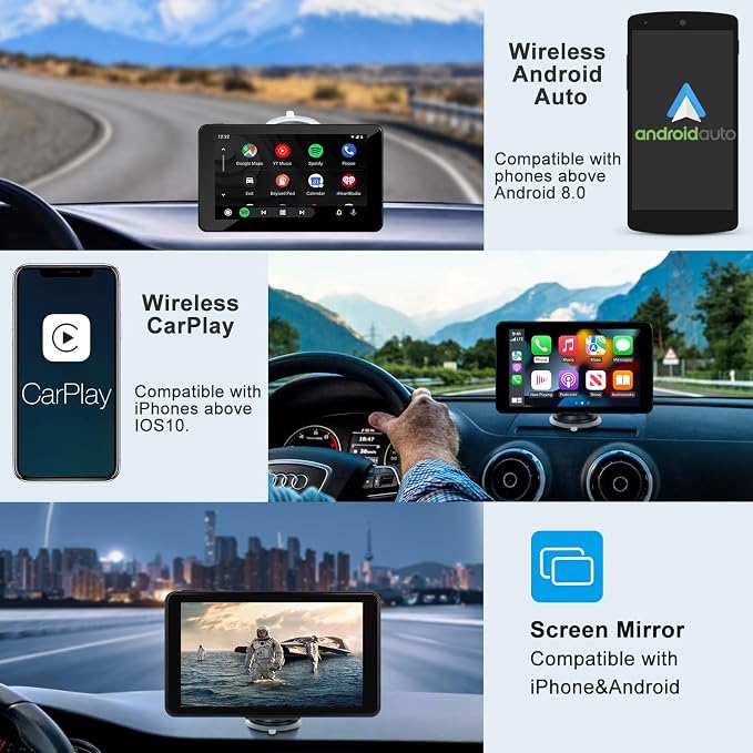 Wireless CarPlay Screen Android Auto for Car, 7" Touch Screen Naivgation Portable Car Stereo CarPlay Bluetooth Mirror Link, Siri, AirPlay, AUX, Voice Assistant for All Vehicles Upgrade