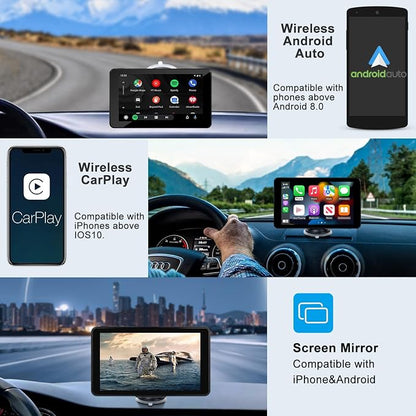 Wireless CarPlay Screen Android Auto for Car, 7" Touch Screen Naivgation Portable Car Stereo CarPlay Bluetooth Mirror Link, Siri, AirPlay, AUX, Voice Assistant for All Vehicles Upgrade