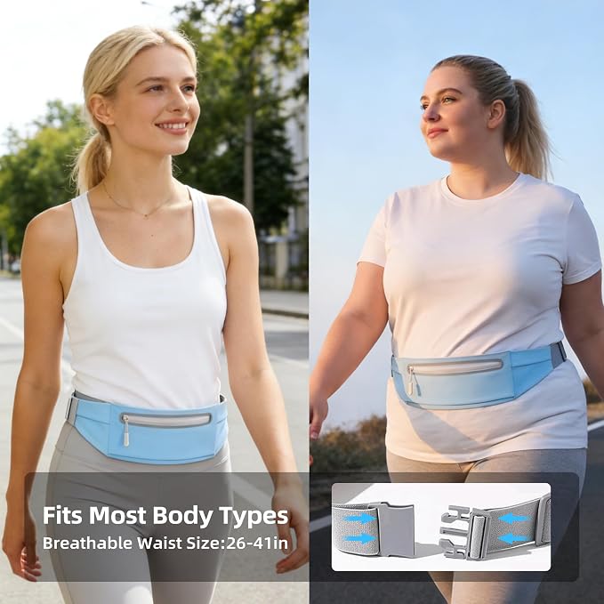 Slim Running Belt for Men Women - No-Bounce Phone Holder Waist Pack, Runners Fanny Pack with Sweat-Proof Pocket ，Travel Money Pouch for Gym/Hiking/Cycling (Light Blue)