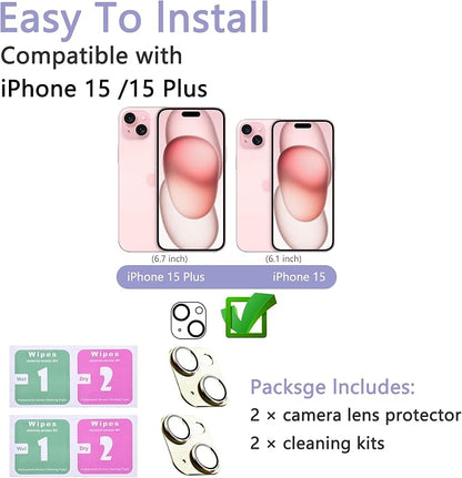 2 Pack Camera Lens Protector for iPhone 15/15 Plus,Metal AR Tempered Glass Rear Camera Screen Cover,Anti-Scratch,Strong Adsorption,Case Friendly, Easy to Install-Light Yellow