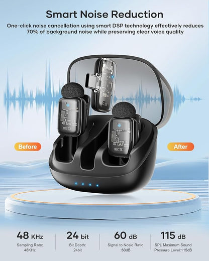 Mini 2 Wireless Lavalier Microphones for iPhone 15/16/17 & Android, 3-Level Noise Reduction, Plug & Play, 36H Battery with Charging Case, Wireless Lapel Mic for Video Recording, Vlogging