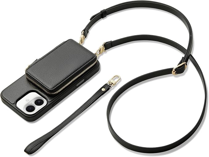 ZVE for iPhone 17 Case Wallet with Crossbody Strap, RFID Blocking Zipper Phone Purse with Card Holder 6.3", Black