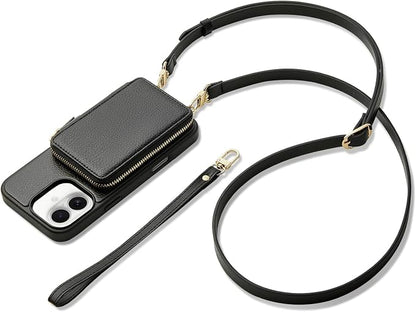 ZVE for iPhone 17 Case Wallet with Crossbody Strap, RFID Blocking Zipper Phone Purse with Card Holder 6.3", Black