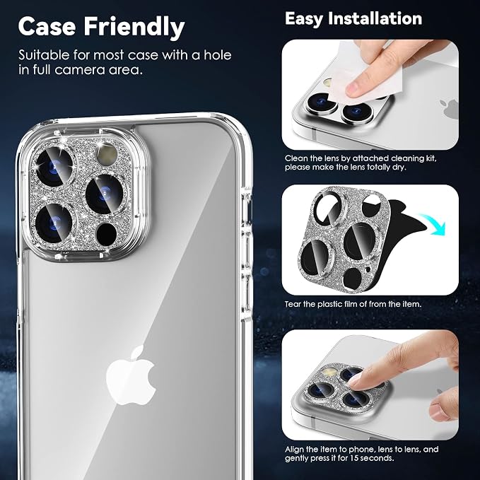 CloudValley for iPhone 14 Pro/iPhone 14 Pro Max Glitter Camera Lens Protector, 9H Tempered Glass [All in 1 Design], Case Friendly Anti-Scatch High Definition, GlitterSilver