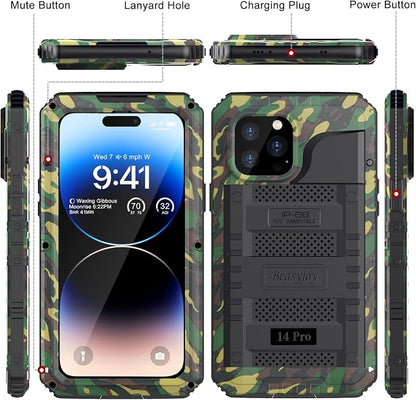 Beasyjoy Waterproof Case for iPhone 14 Pro, Metal Full Body Sealed Phone Case with Built-in Screen Protector, Military Grade Heavy Duty Defender Armor Shockproof Rugged Case 6.1 Inch, Camo