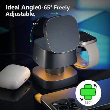 【2026 Upgraded】4 in 1 Wireless Charger, 3 in 1 Wireless Charging Station with Night Light for MagSafe Charger, 15W Magnetic Travel Stand for iPhone17/Air/Pro/Max/16/15/14, Apple Watch, Airpods (Gray)