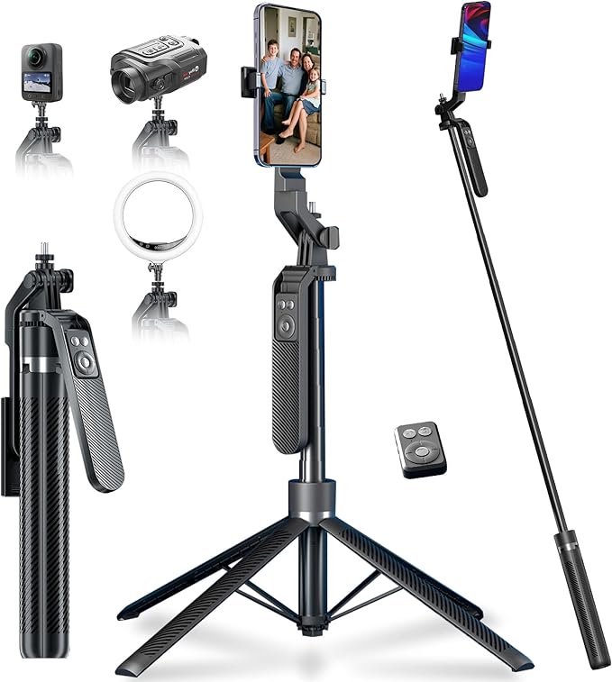 70" Tripod for Phone, Portable All in One Extendable Cell Phone Tripod Stand, Tall Travel Tripods for Recording Video Selfies Photo, with Wireless Remote Control for iPhone、Samsung、Camera、Android
