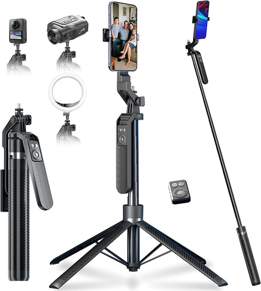 70" Tripod for Phone, Portable All in One Extendable Cell Phone Tripod Stand, Tall Travel Tripods for Recording Video Selfies Photo, with Wireless Remote Control for iPhone、Samsung、Camera、Android