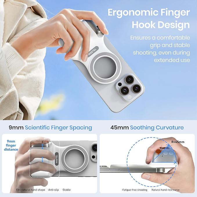 Magnetic Phone Camera Grip, Smartphone Shooting Holder Selfie Handle Snap with Wireless Shutter Button Remote for iPhone 16 15 14 13 12 Pro Max Android Cellphone Vlog Video Photography(White)