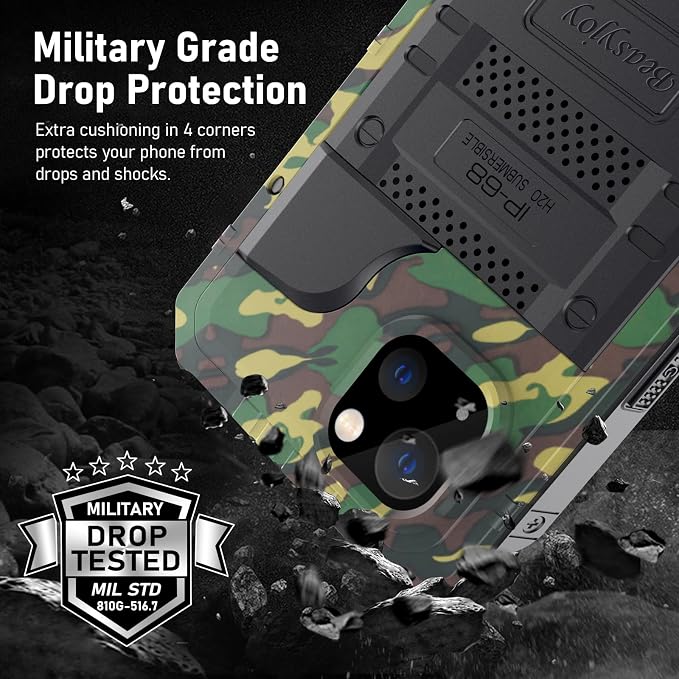Beasyjoy for iPhone 13 Case Waterproof, Metal Phone Case with Built-in Screen Protector, Heavy Duty Full Body Protective Military Grade Shockproof Rugged Defender Cover 6.1 Inch, Camo