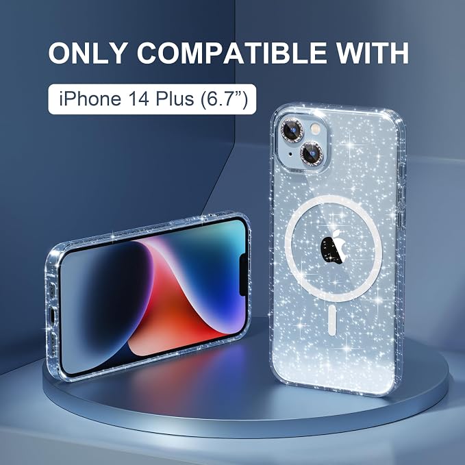 Choiche Magnetic Case for iPhone 14 Plus Case, Women Clear Glitter Bling Sparkly Case, [2xDiamond Camera Lens Protectors] [2xTempered Glass Screen Protectors] [Compatible MagSafe] (Glitter Clear)