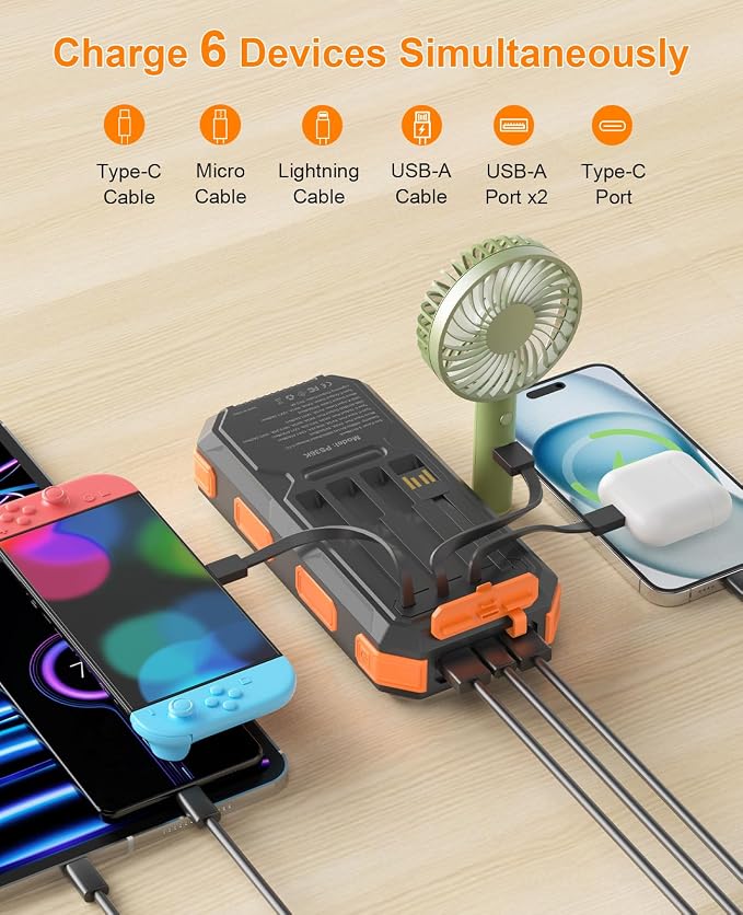 Solar Charger Power Bank 38800mAh, PD 22.5W USB-C Fast Charging Portable Charger with 4 Built-in Cables, External Battery Pack with Dual LED Emergency Flashlights for Camping, Hiking, Outdoor Use