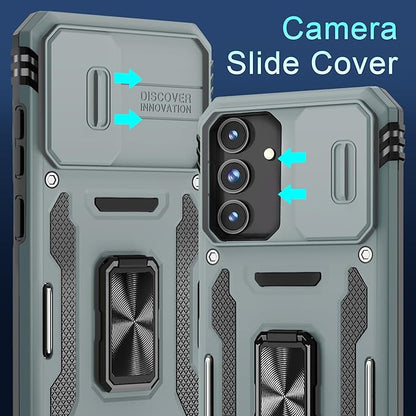 DEERLAMN Case for Samsung Galaxy S25 FE 6.7-Inch with Slide Camera Cover+Screen Protector(1 Pack), Rotated Ring Kickstand Military Grade Shockproof Protective Cover-Grey