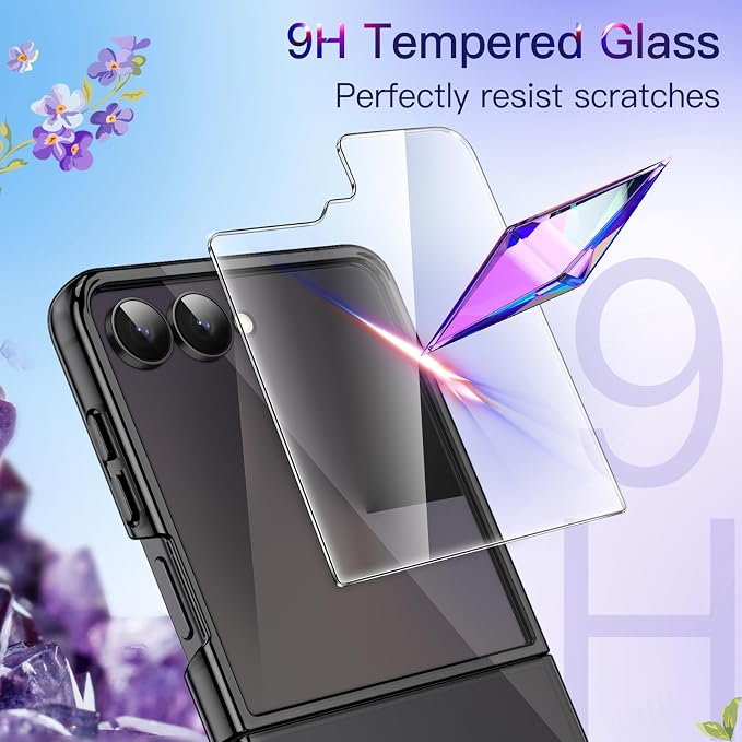 JETech 3 in 1 Case for Samsung Galaxy Z Flip 7, Black | 2 Tempered Glass Front Screen Protectors, Scratch Resistant, Crystal Transparent Hard PC Shell, Protective Phone Cover