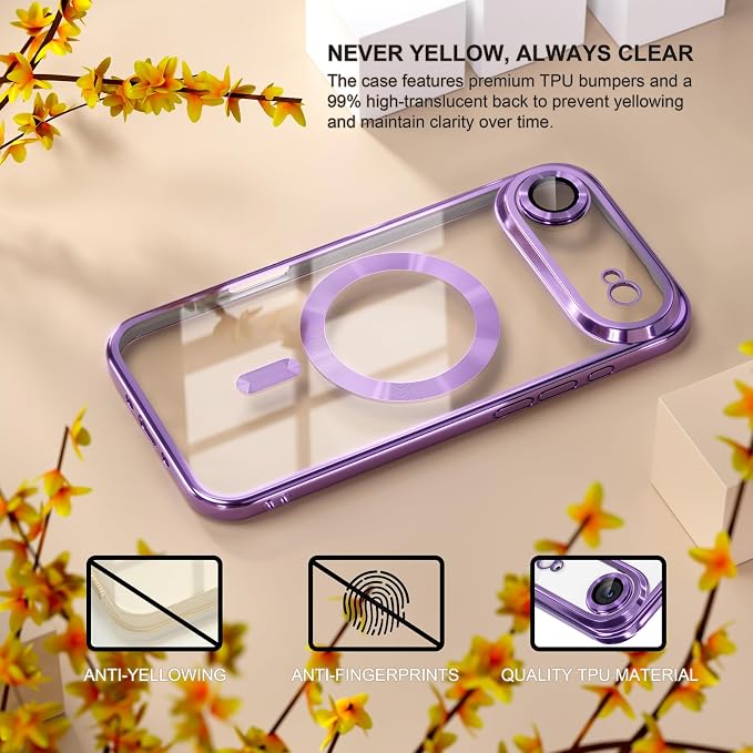 Misea Magnetic for iPhone 17 Air Case Compatible with MagSafe [Never Yellowing] [Military Grade Drop Protection] Full Camera Lens Protector Plating Soft Clear Phone Case for Women, Lavender Purple