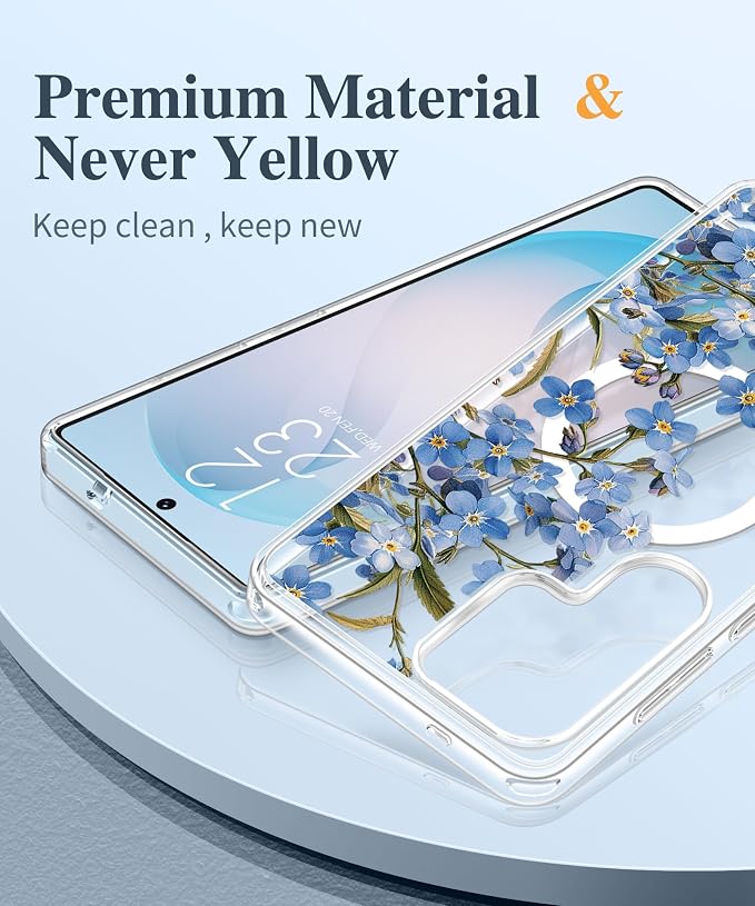 GVIEWIN for Samsung Galaxy S26 Ultra Case Compatible with MagSafe, Clear Floral Shockproof Protective Women Phone Case, Non-Yellowing, Screen & Camera Lens Protector for S26 Ultra 6.9", Aconite/Blue
