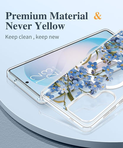 GVIEWIN for Samsung Galaxy S26 Ultra Case Compatible with MagSafe, Clear Floral Shockproof Protective Women Phone Case, Non-Yellowing, Screen & Camera Lens Protector for S26 Ultra 6.9", Aconite/Blue