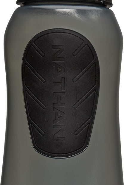 Nathan SpeedDraw 2 Insulated Handheld Running Water Bottle Flask – Double-Wall Insulation, Ergonomic Grip, Blast Valve Cap, Phone & Key Storage Pockets, Reflective Design, 22oz - Black