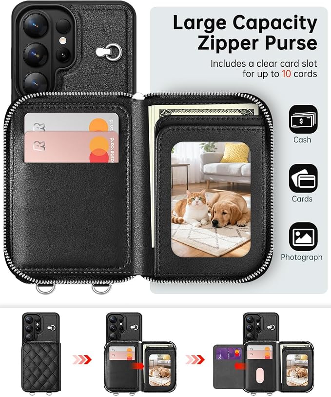 OCASE Compatible with Samsung Galaxy S26 Ultra Crossbody Wallet Case with Card Holder, PU Leather Zipper Handbag Phone Purse with RFID Blocking Kickstand Wrist Strap Lanyard, Black