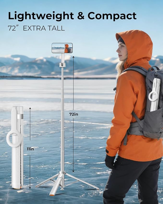 72'' Magnetic Selfie Stick Tripod for iPhone MagSafe – One-Click Open Stable Stand, Strong Magnetic Mount, 360° Rotation, Extendable Aluminum with Rechargeable Remote for Travel & Video Recording