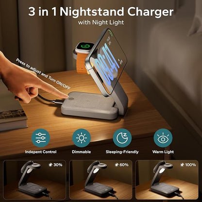 3 in 1 Foldable Wireless Charging Station for MagSafe, Nightstand Magnetic Charger Stand for iPhone 17 16 15 14 Pro Max, Travel Charging Dock with Night Light for Apple Watch/AirPods (Gray)