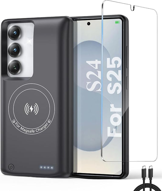Charging Phone case for Samsung Galaxy S25/Galaxy S24 Battery Case, Real 10000mAh Portable Power Bank with Magnetic Wireless Charging Black