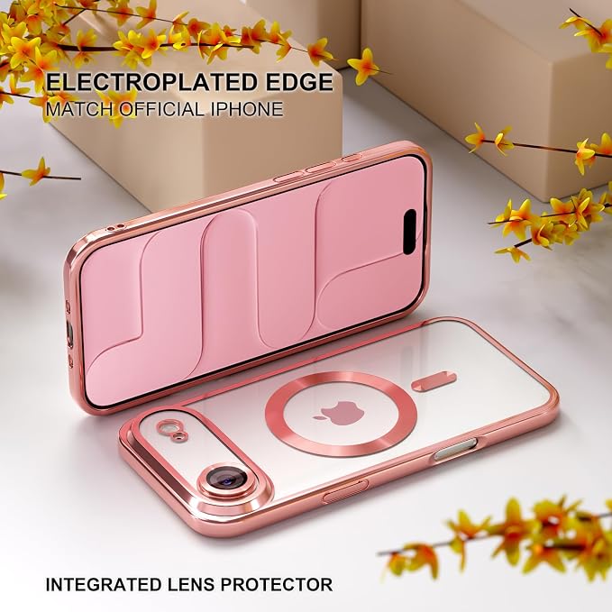 Misea Magnetic for iPhone 17 Air Case Compatible with MagSafe [Never Yellowing] [Military Grade Drop Protection] Full Camera Lens Protector Plating Soft Clear Phone Case for Women, Pink