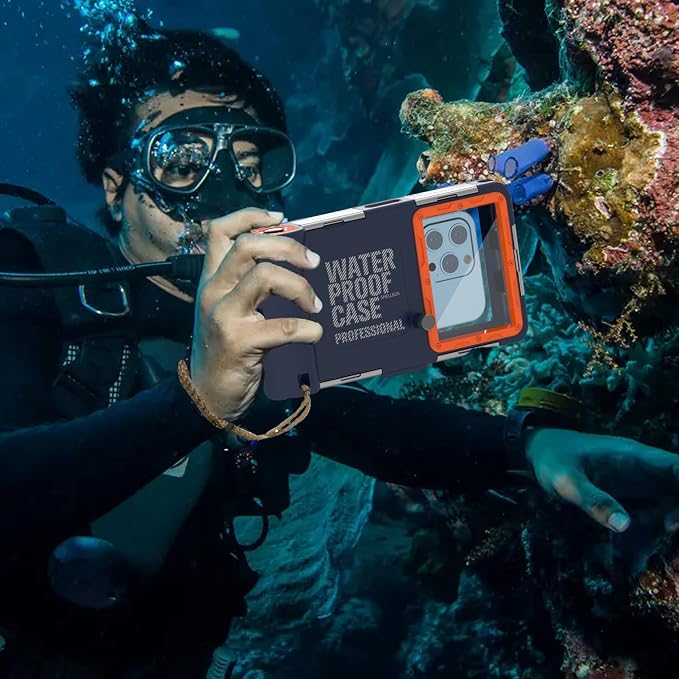 Underwater Phone Case for Snorkeling Diving 50ft/15m Waterproof Scuba Photo&Video Housing for iPhone17/16/15/14/13/12/11/Xr/X/Xs(Pro Max/Plus/Pro/Air) Samsung Galaxy S25/S24/S23-S21 Ultra Blue-Orange