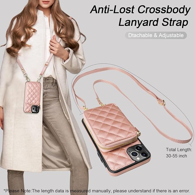 Bocasal Crossbody Wallet Case for iPhone 11 Pro Max, RFID Blocking PU Leather Zipper Handbag Purse Flip Cover, Kickstand Folio Case with Card Slots Holder Wrist Strap Lanyard 6.5 Inch (Rose Gold)