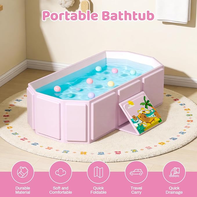 Portable Bathtub, Foldable Bathtub No Installation, Bathroom SPA Soaking Tub, Shower Stall Collapsible Hot & Ice Bath Tub (Light Pink, 29.5"L x 17.7"W x 9.8"H)