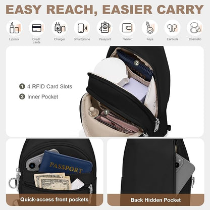 SYTRAH Sling Bag for Women, Anti-Theft RFID Crossbody Bag Nylon Sling Purse for Travel, Puffy Small backpack for Daily Hiking Sports Black