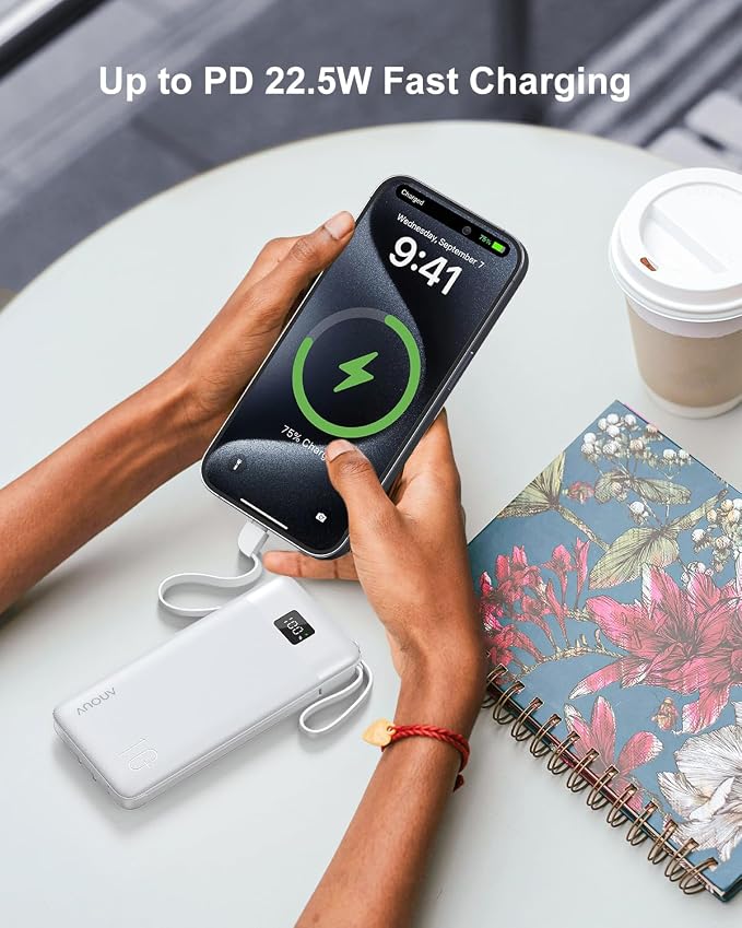 Portable Charger 10000mAh 22.5W PD 3.0+QC 4.0 Super Fast Charging Power Bank with Built-in Cables & AC Wall Plug, Slim External USB C Battery Pack for iPhone 17/16/15/14/13, Android, Samsung, iPad,etc