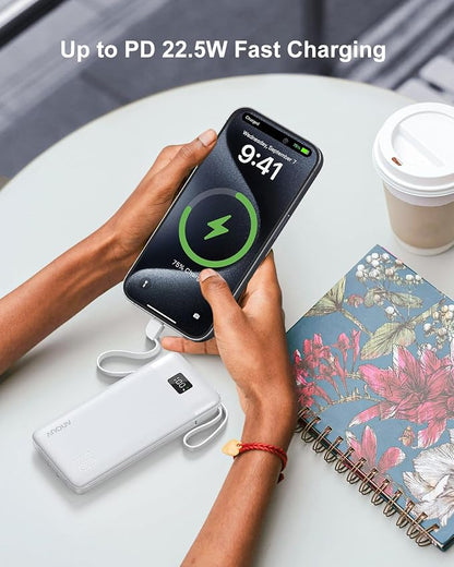 Portable Charger 10000mAh 22.5W PD 3.0+QC 4.0 Super Fast Charging Power Bank with Built-in Cables & AC Wall Plug, Slim External USB C Battery Pack for iPhone 17/16/15/14/13, Android, Samsung, iPad,etc