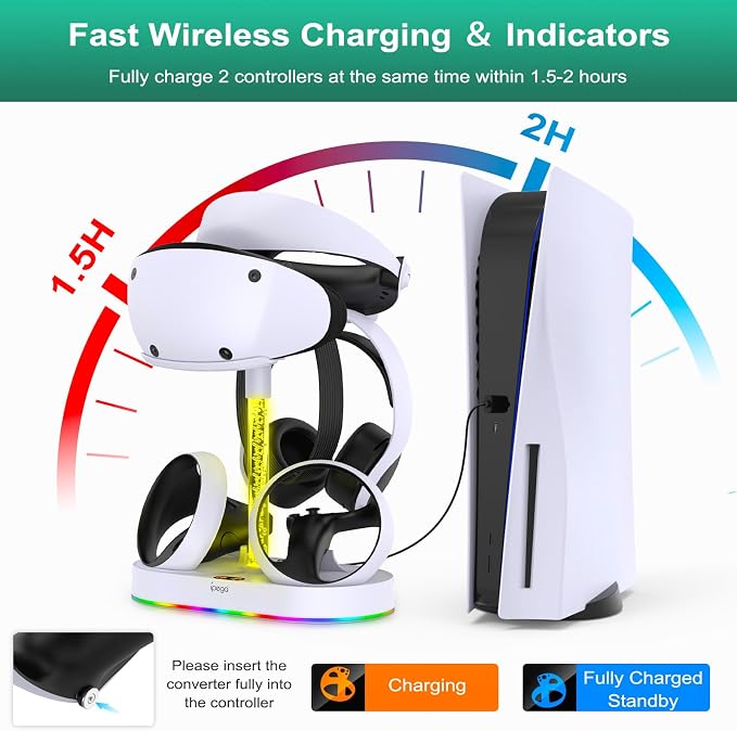 FASTSNAIL Charging Stand for PlayStation VR2, Multifunction Vertical PS VR2 Headset & Sense Controllers Charge Dock Station with 10 RGB Light Modes of Memory, for PS5 VR2 Accessories (RGB Base)