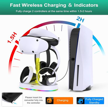 FASTSNAIL Charging Stand for PlayStation VR2, Multifunction Vertical PS VR2 Headset & Sense Controllers Charge Dock Station with 10 RGB Light Modes of Memory, for PS5 VR2 Accessories (RGB Base)