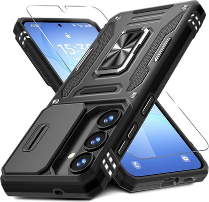 DEERLAMN Case for Samsung Galaxy A37 5G with Slide Camera Cover+Screen Protector (1 Pack), Rotated Ring Kickstand Military Grade Shockproof Protective Cover-Black