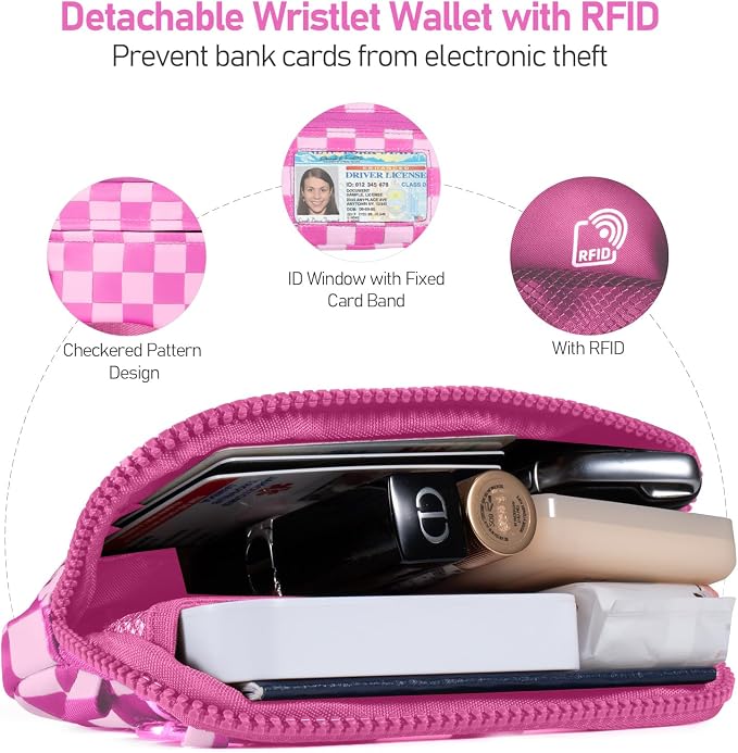 Clip and Go Strap for Phone with Wallet Crossbody Phone Lanyard and Detachable Checkered Bag with ID Window and RFID Pouch for Daily Travel.