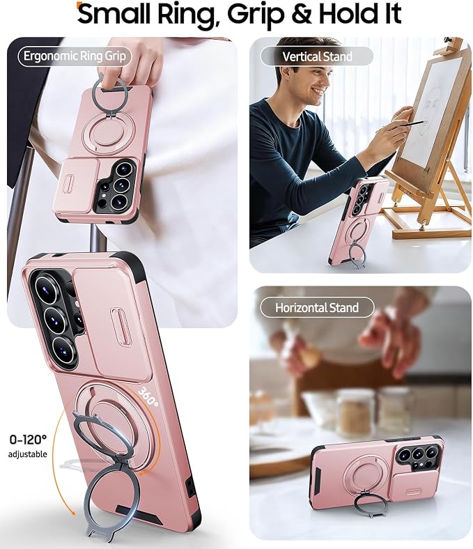 JAME for Samsung Galaxy S26 Ultra Case, Ring Holder Stand Kickstand, Slide Camera Cover with Screen Protector, Dual-Layer Shockproof Protective Magnetic Accessory Friendly S26 Ultra Phone Case, Pink