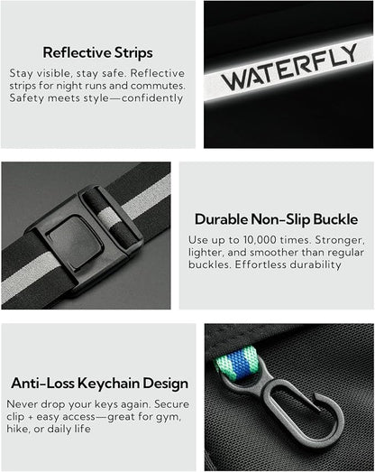 WATERFLY Running Belt Fanny Pack: Slim Breathable 4 Pocket Waist Bag for Men Women Sport Workout Exercise Fitness Phone Holder - Runner Marathon Jogging Waistband Fits ALL Phones Black