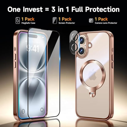 [Tri-Shield Protection] for iPhone 16 Plus Case with 360° Spin Stand Compatible with MagSafe [Magnetic CD Ring] [Screen & Camera Lens Protector] Shockproof Plating Never-Yellowing, Desert Gold-6.7"