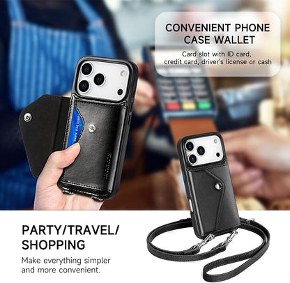 LUCKYCOIN for iPhone 17 Pro Crossbody Wallet Case – Genuine Leather Phone Purse with Adjustable Strap and Card Holder,Lanyard Phone Purse Case for Women,Vintage Black