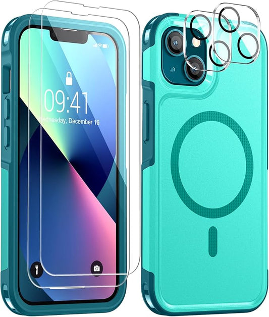 Lanhiem Magnetic for iPhone 13 Case, 2 Pack [Tempered Glass Screen Protectors+Camera Lens Protectors] 10 FT Military Grade Drop Protection Anti-Fingerprint Slim Phone Cover for iPhone 13 (Light Blue)